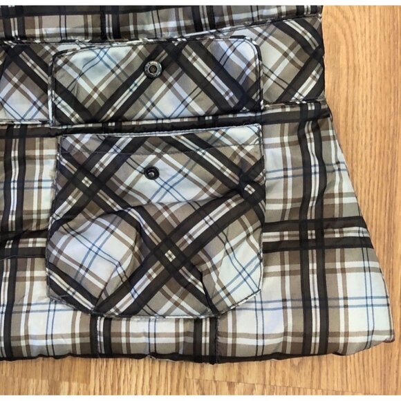 Tribal Plaid Sleeveless Puffer Vest Size 14 Snap Front Pockets Brown Beige Blue - Picture 6 of 7